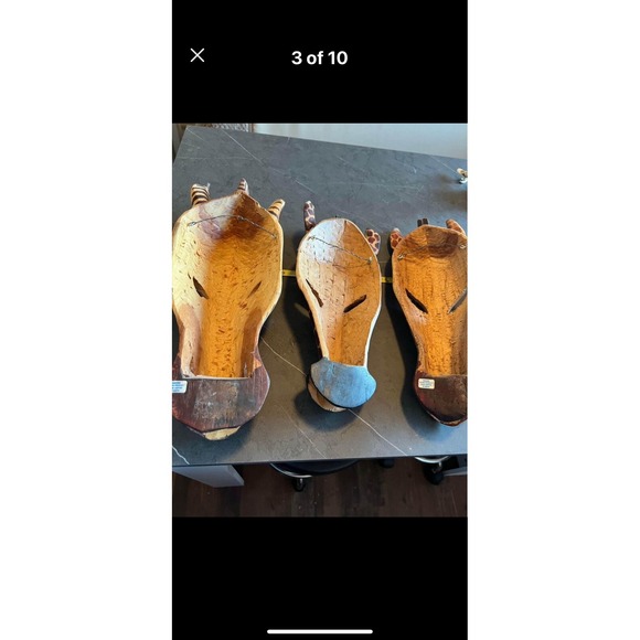 Vintage Pair of Carved Wood Animal Heads Giraffe and Zebra Wall Hanging 16 X 6 - Picture 1 of 11